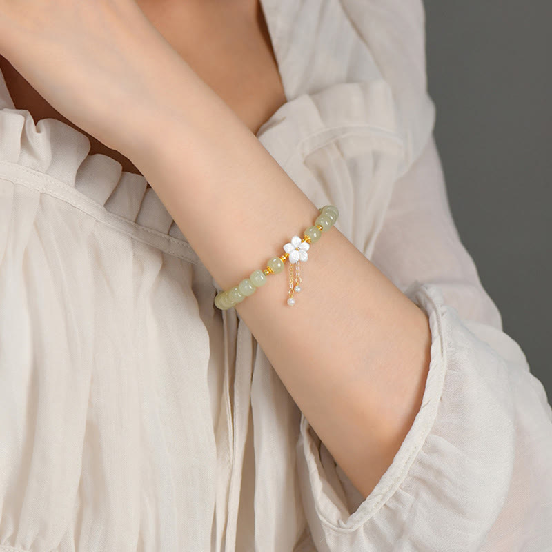 Buddha Stones 925 Sterling Silver Natural Hetian Jade Luck Flower Bracelet - image 10