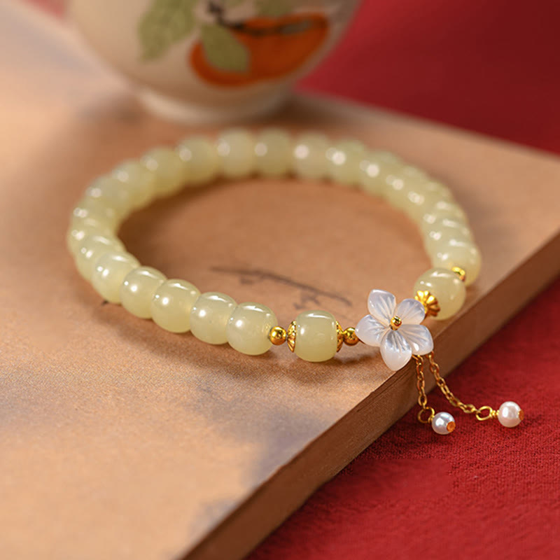 Buddha Stones 925 Sterling Silver Natural Hetian Jade Luck Flower Bracelet - image 7