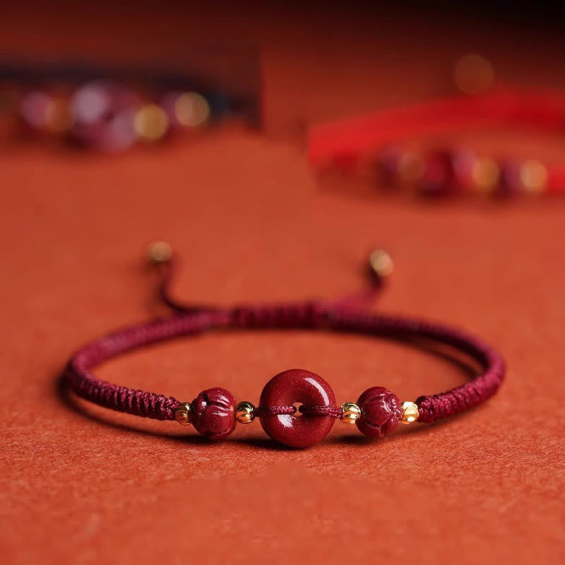 Buddha Stones Handmade Cinnabar Peace Buckle Lotus Calm Blessing Braided Rope Bracelet - Dark Red Rope(Wrist Circumference 14-21cm) - image 0