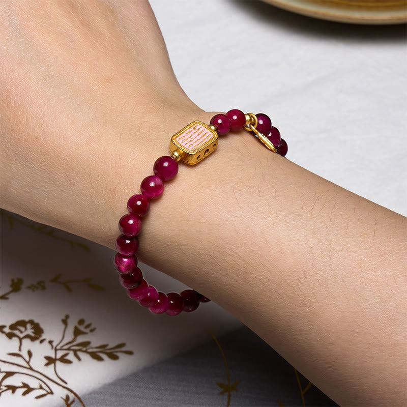 Buddha Stones Rose Red Tiger Eye Fu Character Courage Bracelet - image 4