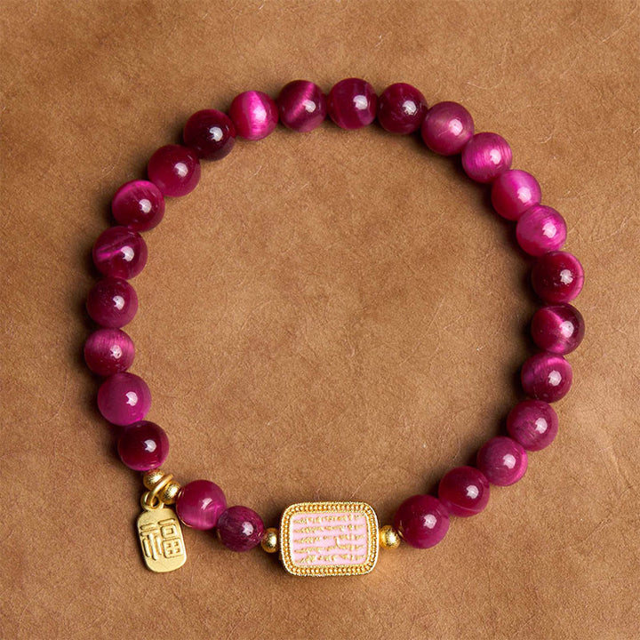 Buddha Stones Rose Red Tiger Eye Fu Character Courage Bracelet - image 3