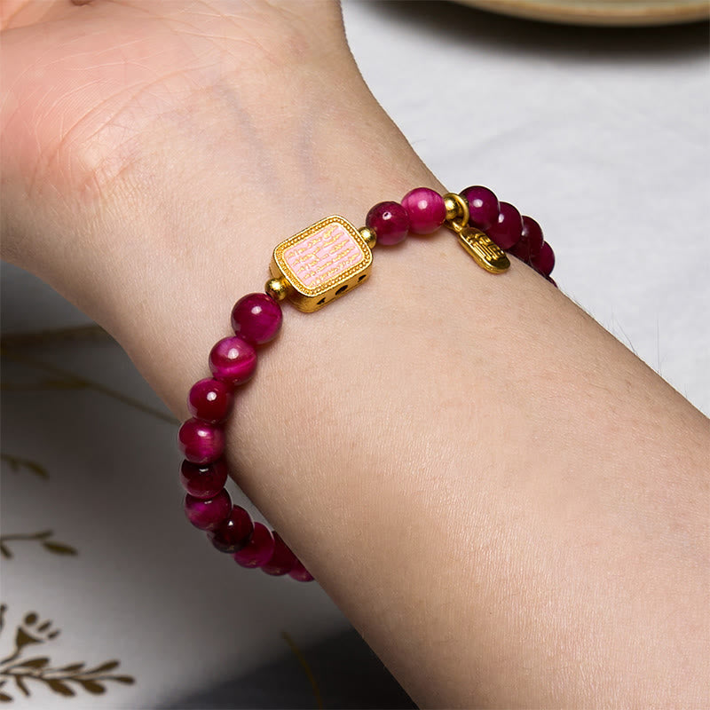 Buddha Stones Rose Red Tiger Eye Fu Character Courage Bracelet - image 5