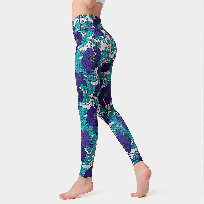 Buddha Stones Colorful Flower Petal Leaves Print Sports Exercise Fitness High Waist Leggings Women's Yoga Pants - PaleTurquoise - US8-10，UK/AU12-14，EU40-42 (XL)  - image 24