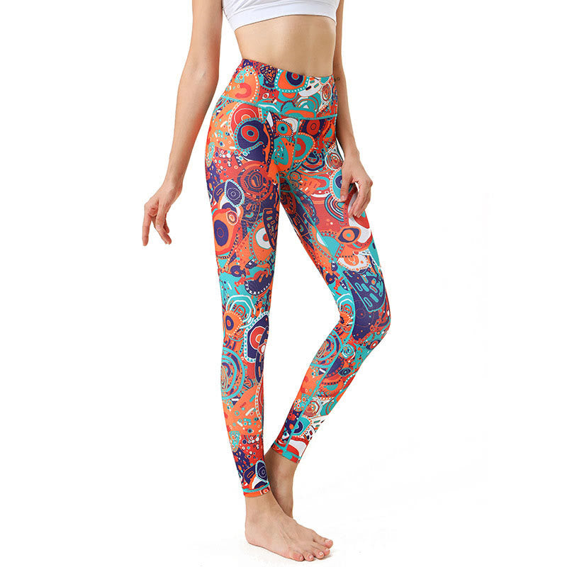 Buddha Stones Colorful Evil Eye Print Sports Exercise Fitness Leggings Women's Yoga Pants - LightCoral - US8-10，UK/AU12-14，EU40-42 (XL) - image 0