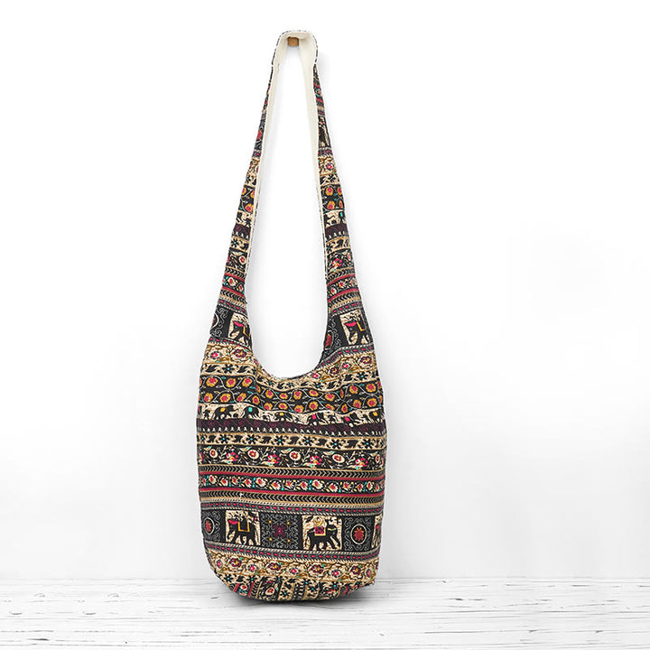 Buddha Stones Cotton Elephant Stripes Crossbody Bag Shoulder Bag - Brown Black Elephant Stripes 36*19*34cm - image 0