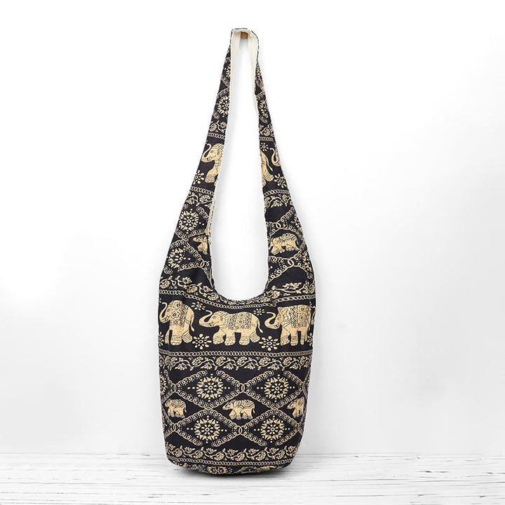 Buddha Stones Cotton Elephant Stripes Crossbody Bag Shoulder Bag - Black Beige Elephant Stripes 36*19*34cm - image 8