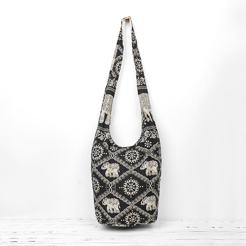 Buddha Stones Cotton Elephant Stripes Crossbody Bag Shoulder Bag - Black White Elephant Stripes 36*19*34cm - image 16