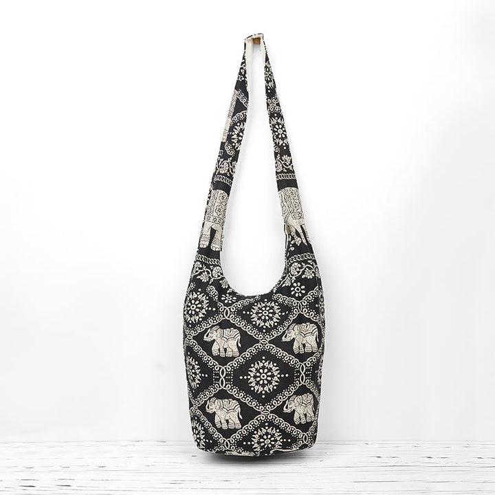 Buddha Stones Cotton Elephant Stripes Crossbody Bag Shoulder Bag - Black White Elephant Stripes 36*19*34cm - image 16