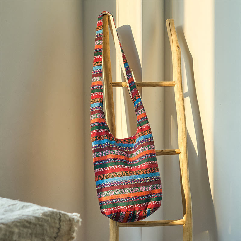 Buddha Stones Colored Geometric Stripes Pattern Cotton Crossbody Bag Shoulder Bag - Red Orange Stripes 36*19*34cm - image 1