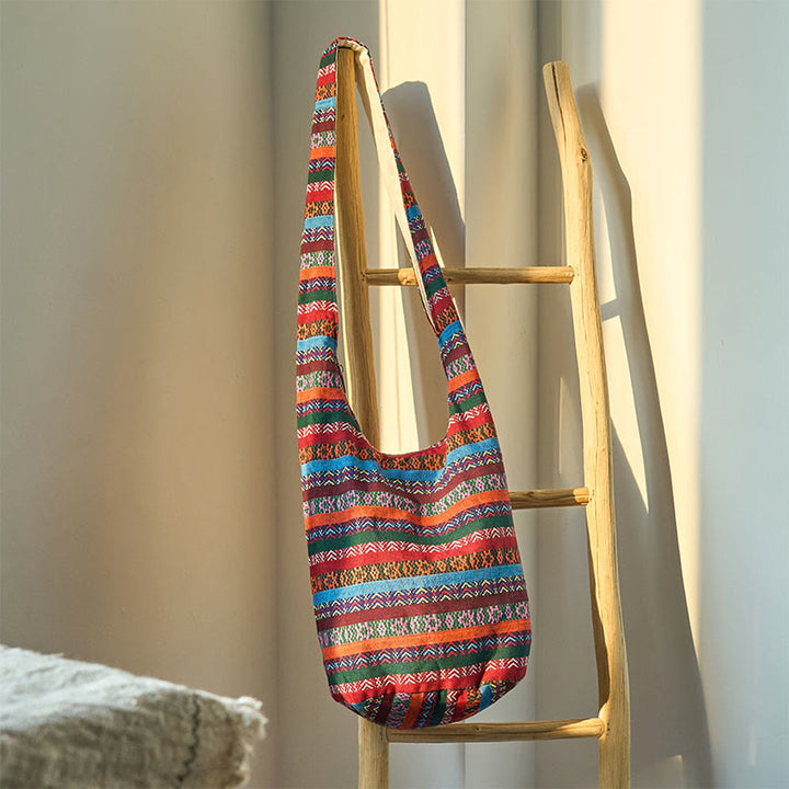 Buddha Stones Colored Geometric Stripes Pattern Cotton Crossbody Bag Shoulder Bag - Red Orange Stripes 36*19*34cm - image 1
