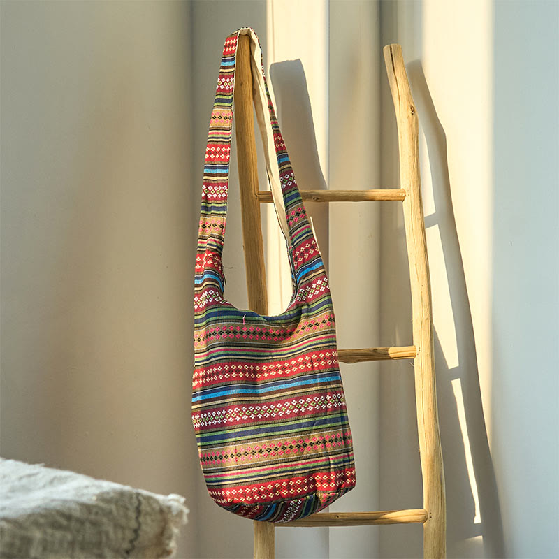 Buddha Stones Colored Geometric Stripes Pattern Cotton Crossbody Bag Shoulder Bag - Red Blue Stripes 36*19*34cm - image 10
