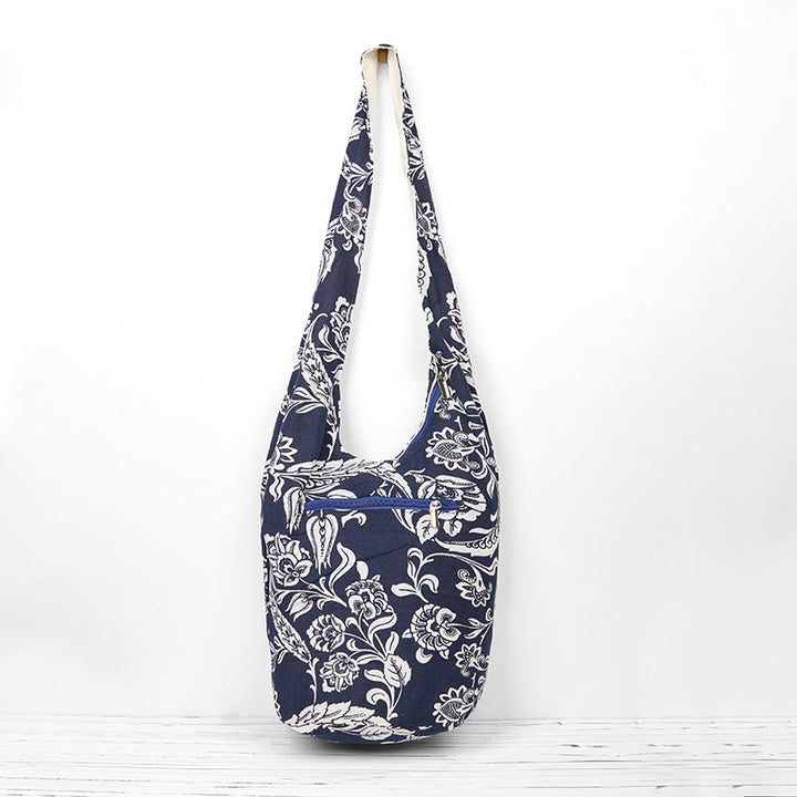 Buddha Stones Navy Blue White Flower Pattern Cotton Crossbody Bag Shoulder Bag - image 3