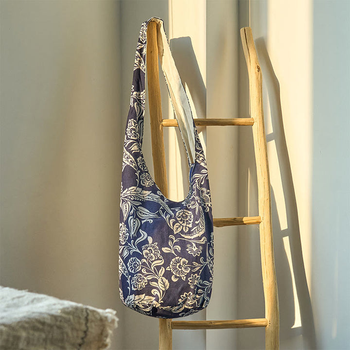 Buddha Stones Navy Blue White Flower Pattern Cotton Crossbody Bag Shoulder Bag - Navy Blue White Flower 36*19*34cm - image 2