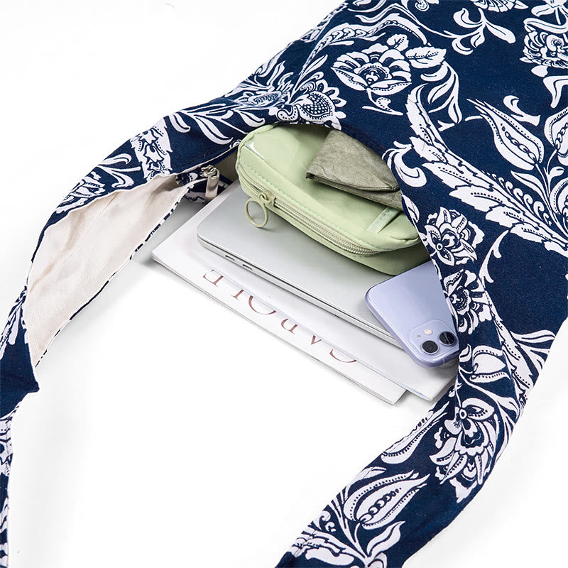 Buddha Stones Navy Blue White Flower Pattern Cotton Crossbody Bag Shoulder Bag - image 5