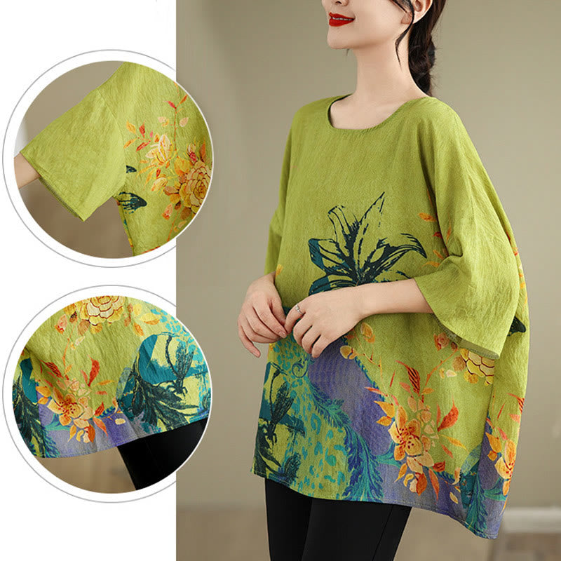 Buddha Stones Yellow Green Flowers Three Quarter Sleeve Linen T-shirt Tee - image 10