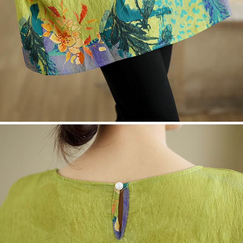 Buddha Stones Yellow Green Flowers Three Quarter Sleeve Linen T-shirt Tee - image 7