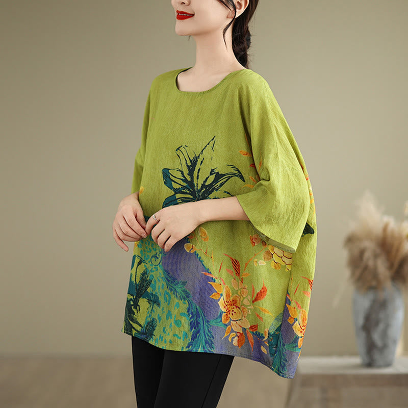 Buddha Stones Yellow Green Flowers Three Quarter Sleeve Linen T-shirt Tee - image 3