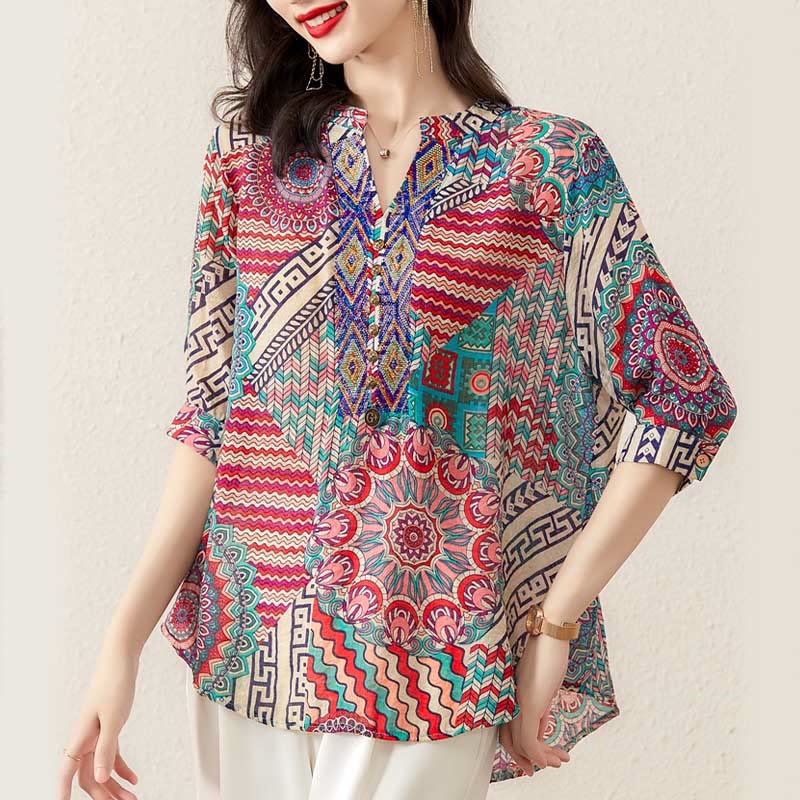 Buddha Stones Women's Mandala Geometry Half Button Shirt - Crimson - US16，UK/AU20，EU48 (3XL) - image 0