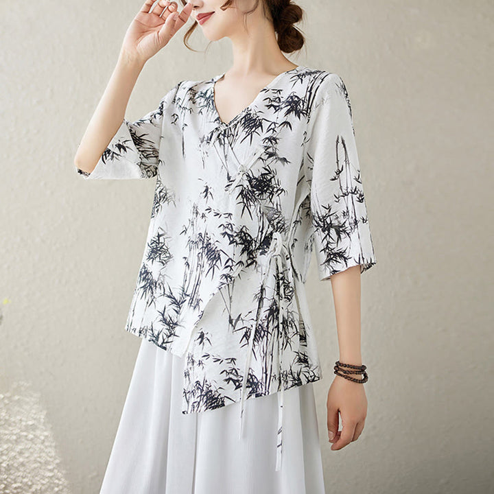 Buddha Stones Ink Bamboo Leaves Print V-Neck Lace-up Frog-Button Shirt T-shirt Tee - image 2