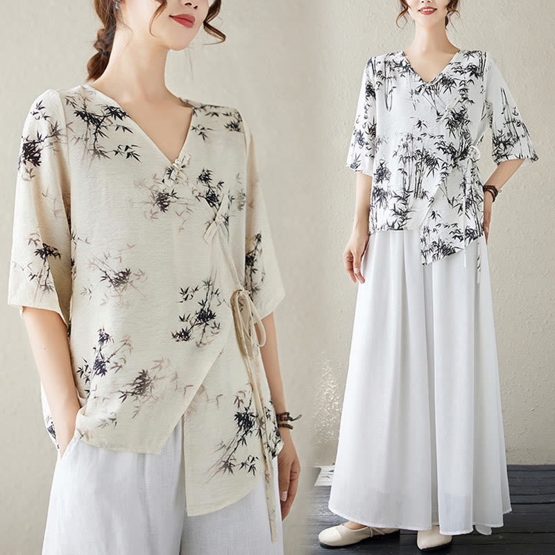 Buddha Stones Ink Bamboo Leaves Print V-Neck Lace-up Frog-Button Shirt T-shirt Tee - image 19