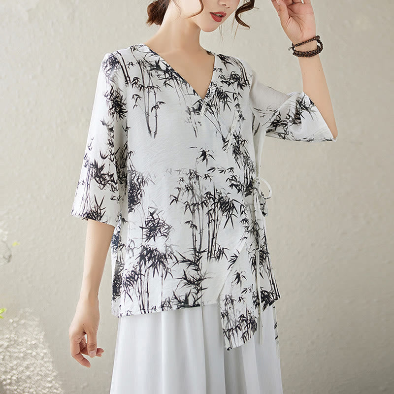 Buddha Stones Ink Bamboo Leaves Print V-Neck Lace-up Frog-Button Shirt T-shirt Tee - image 1