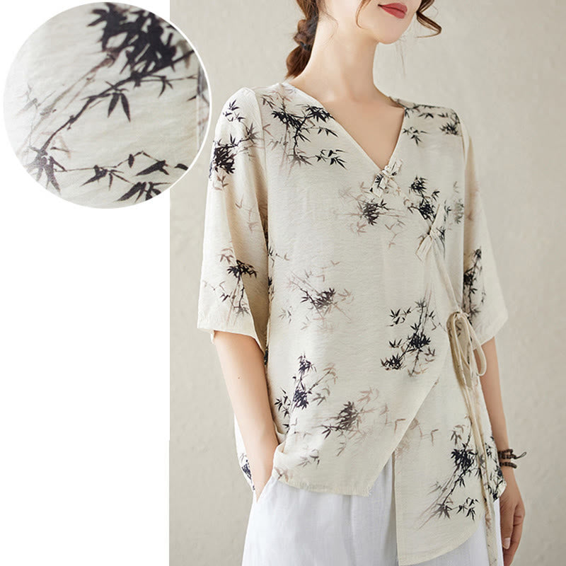 Buddha Stones Ink Bamboo Leaves Print V-Neck Lace-up Frog-Button Shirt T-shirt Tee - image 16