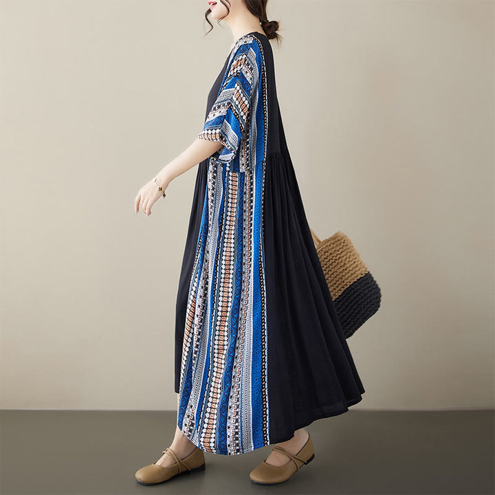 Buddha Stones Black Blue Stripes Short Sleeve Midi Dress With Pockets - image 2