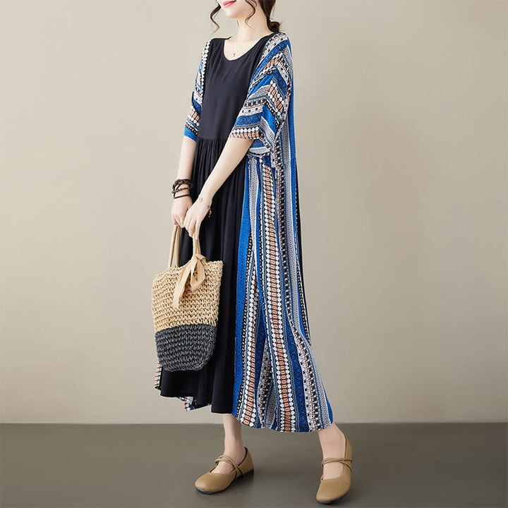 Buddha Stones Black Blue Stripes Short Sleeve Midi Dress With Pockets - image 3