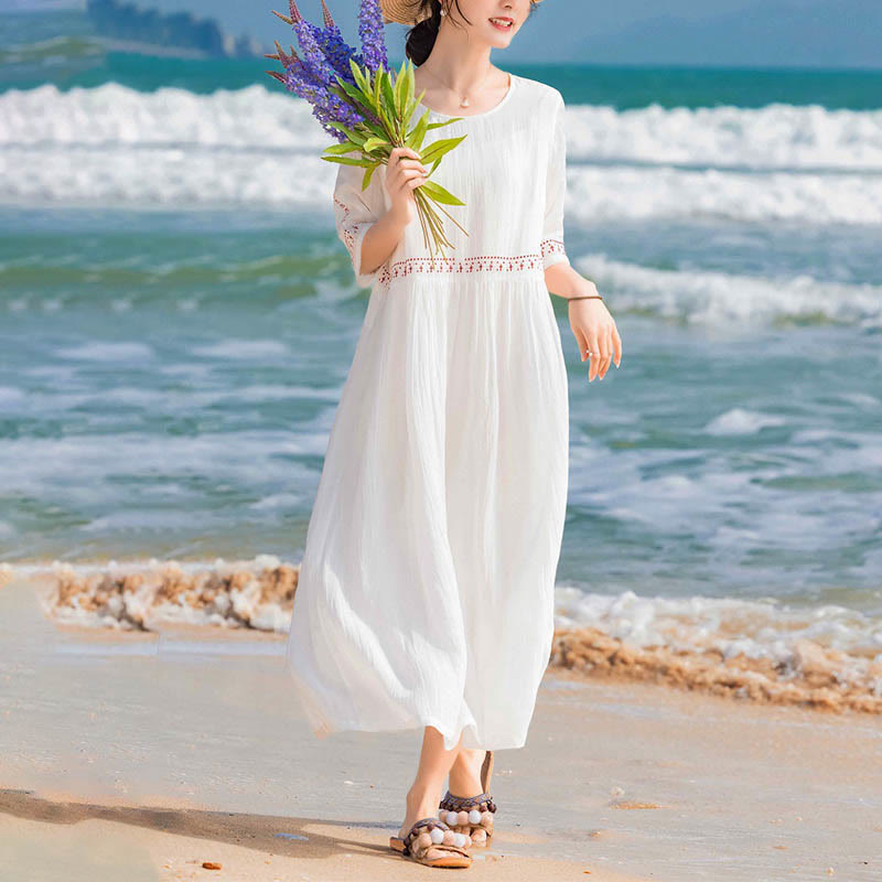 Buddha Stones Solid Color Embroidery Short Sleeve Cotton Midi Dress - image 11