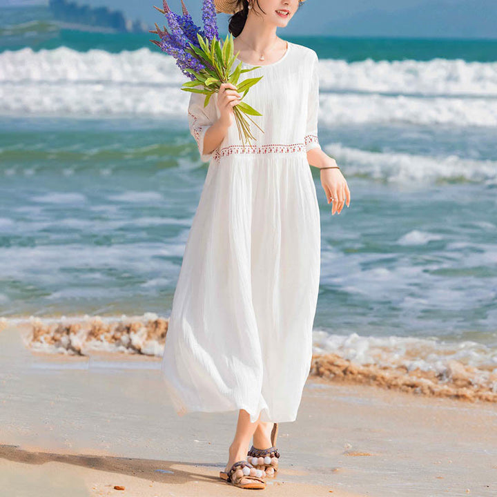 Buddha Stones Solid Color Embroidery Short Sleeve Cotton Midi Dress - image 11