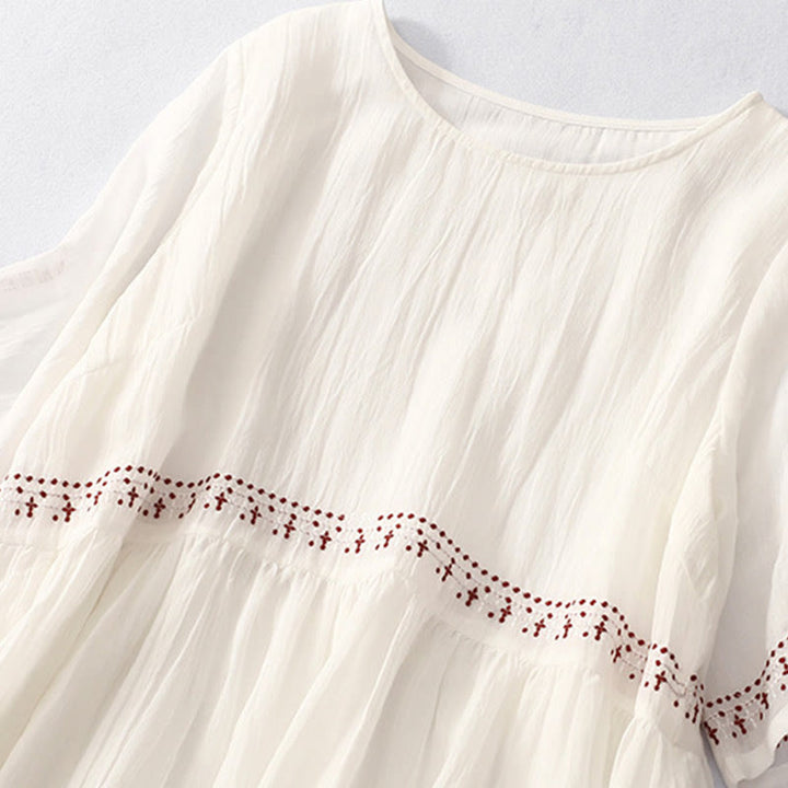 Buddha Stones Solid Color Embroidery Short Sleeve Cotton Midi Dress - image 5
