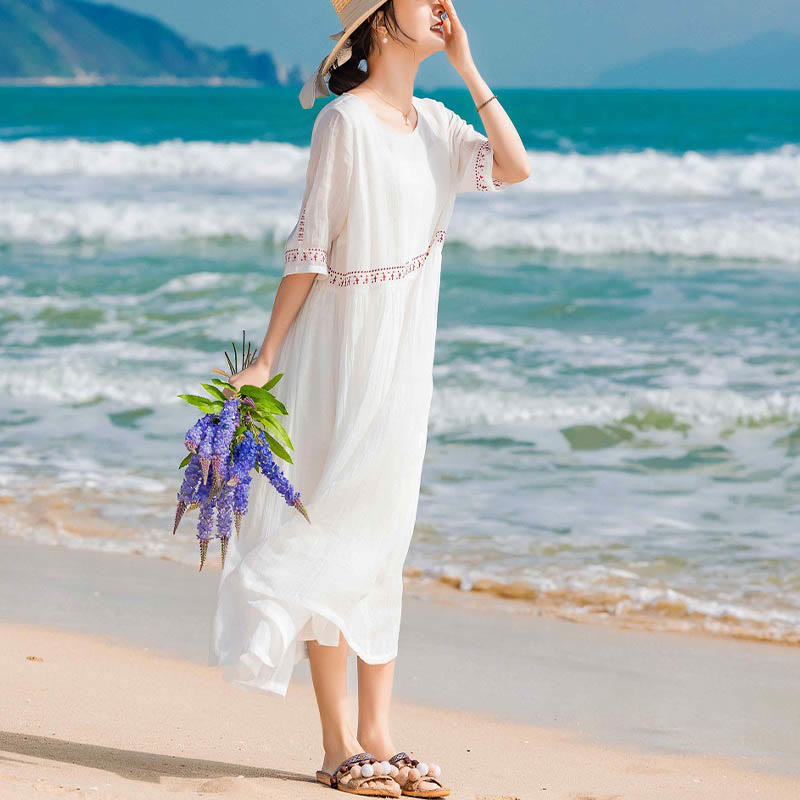 Buddha Stones Solid Color Embroidery Short Sleeve Cotton Midi Dress With Pockets - image 12
