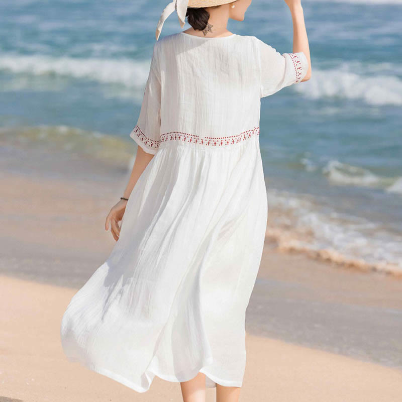 Buddha Stones Solid Color Embroidery Short Sleeve Cotton Midi Dress With Pockets - image 3