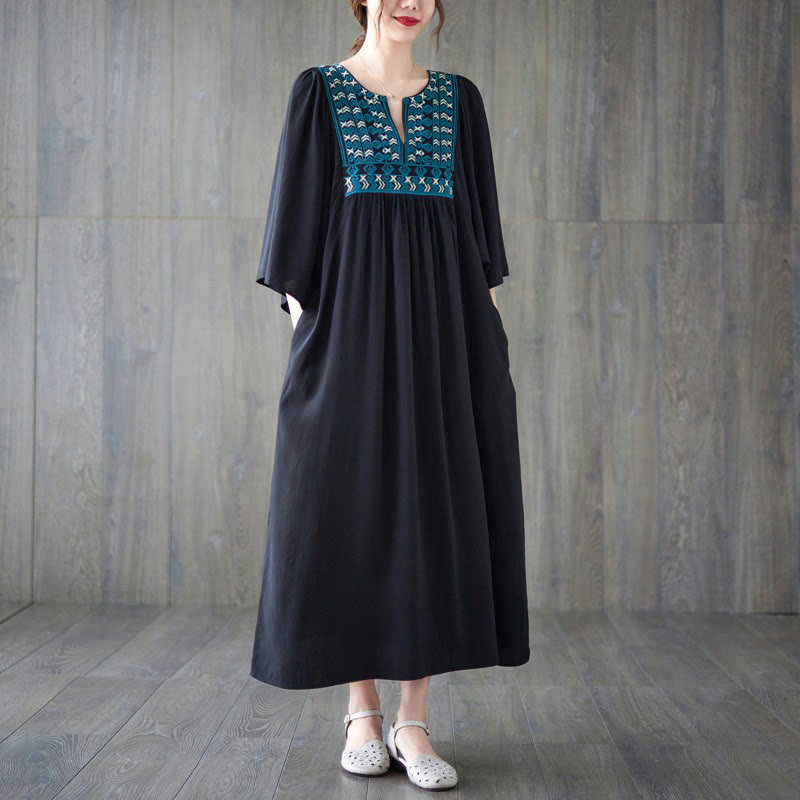 Buddha Stones Embroidery Notched Ruffled Hem Midi Dress With Pockets - Black - F(Fit for US4-12; UK/AU8-16; EU36-44) - image 21