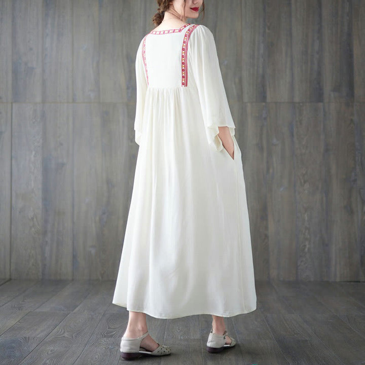 Buddha Stones Embroidery Notched Ruffled Hem Midi Dress With Pockets - image 2