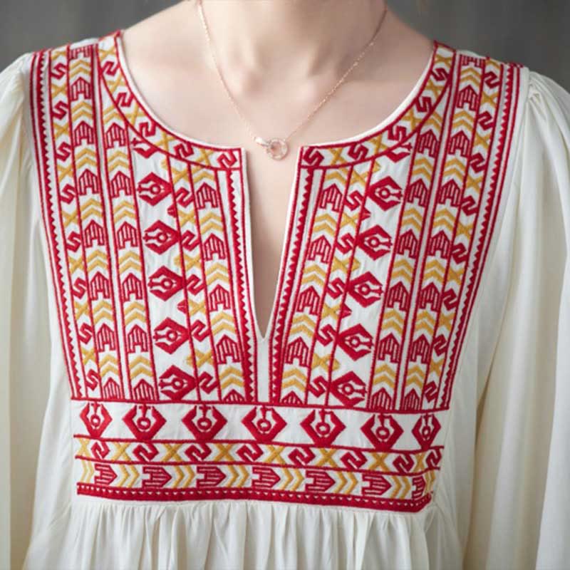 Buddha Stones Embroidery Notched Ruffled Hem Midi Dress With Pockets - image 5