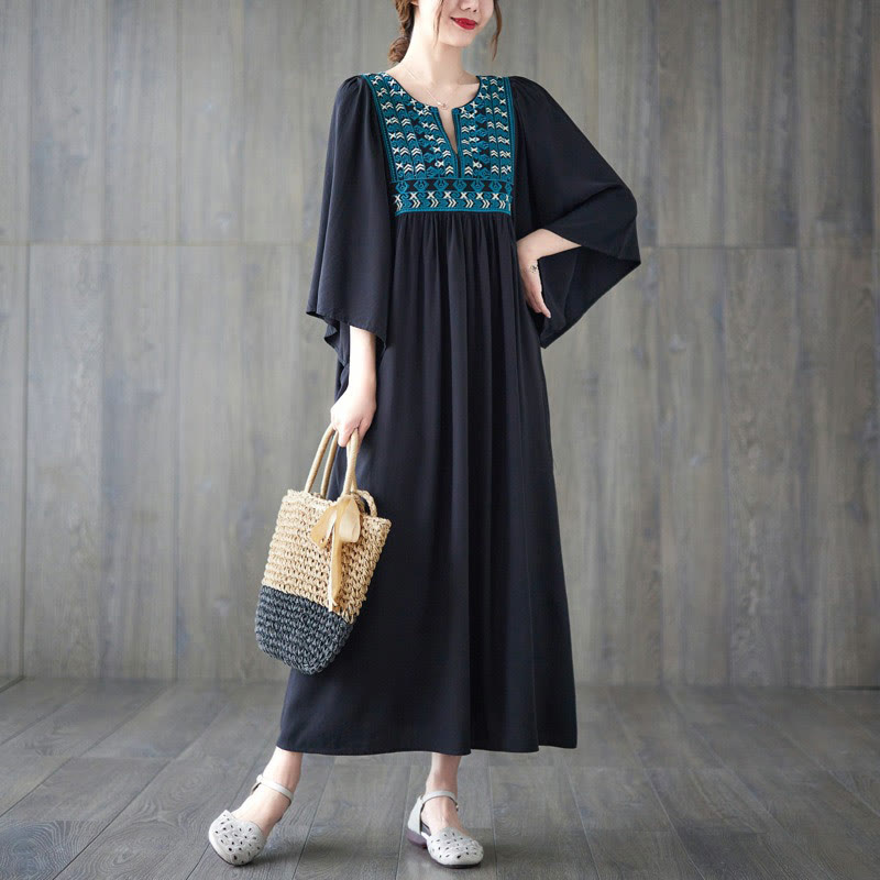 Buddha Stones Embroidery Notched Ruffled Hem Midi Dress With Pockets - image 26
