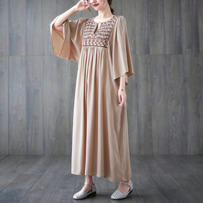 Buddha Stones Embroidery Notched Ruffled Hem Midi Dress With Pockets - image 30