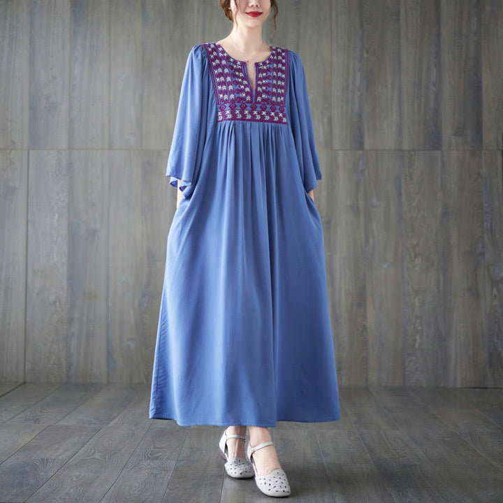 Buddha Stones Embroidery Notched Ruffled Hem Midi Dress With Pockets - LightSkyBlue - F(Fit for US4-12; UK/AU8-16; EU36-44) - image 14