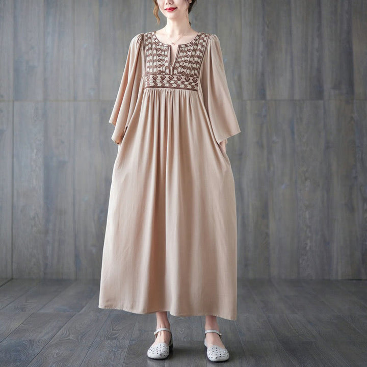 Buddha Stones Embroidery Notched Ruffled Hem Midi Dress With Pockets - Wheat - F(Fit for US4-12; UK/AU8-16; EU36-44) - image 28