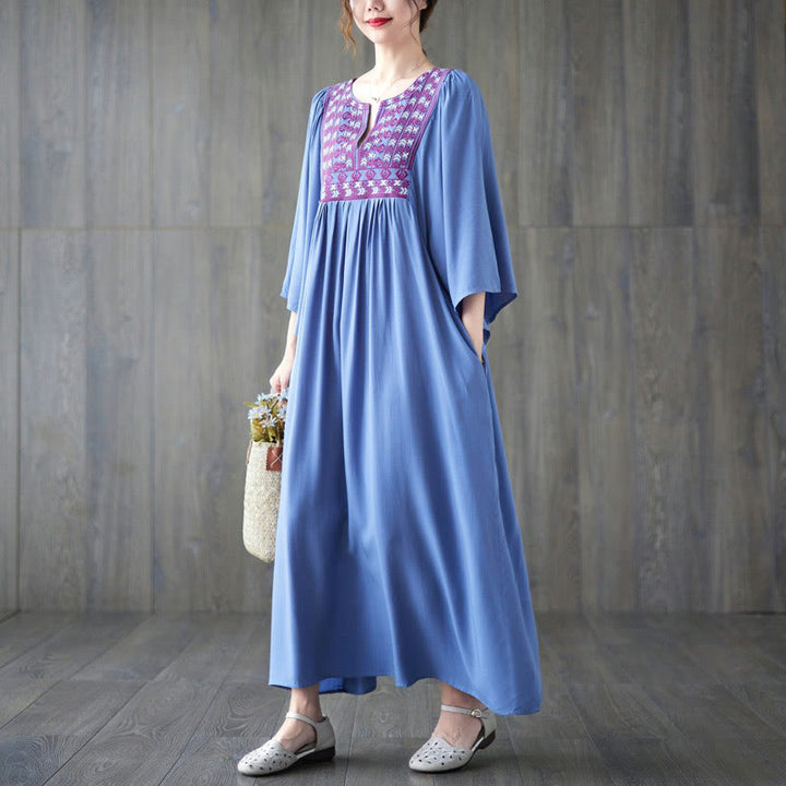 Buddha Stones Embroidery Notched Ruffled Hem Midi Dress With Pockets - image 16