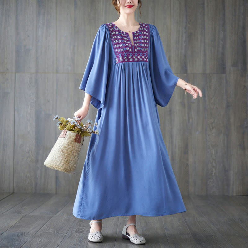 Buddha Stones Embroidery Notched Ruffled Hem Midi Dress With Pockets - image 15