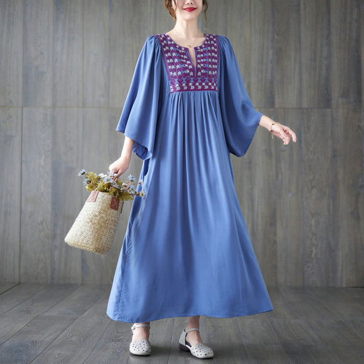 Buddha Stones Embroidery Notched Ruffled Hem Midi Dress With Pockets - image 15