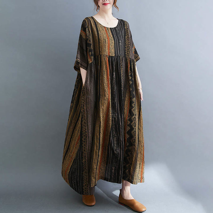 Buddha Stones Boho Geometry Short Sleeve Midi Dress With Pockets - Tan - F(Fit for US4-14; UK/AU8-18; EU36-46) - image 12