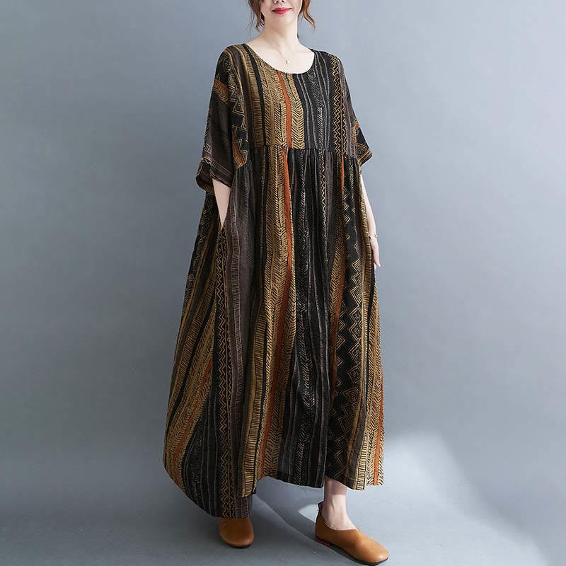 Buddha Stones Boho Geometry Short Sleeve Midi Dress With Pockets - Tan - F(Fit for US4-14; UK/AU8-18; EU36-46) - image 12