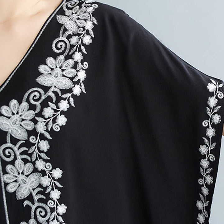 Buddha Stones Summer Embroidery Flower V-Neck Short Sleeve Maxi Dress - image 6