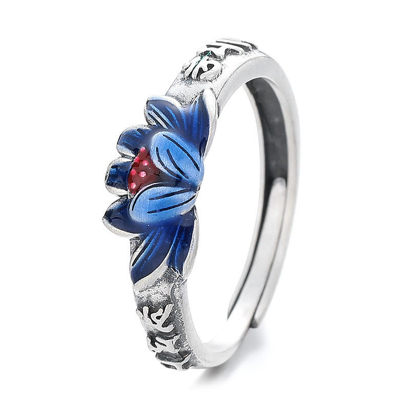 Buddha Stones 925 Sterling Silver Om Mani Padme Hum Lotus Relief Peace Ring - Blue Lotus(Adjustable) - image 1