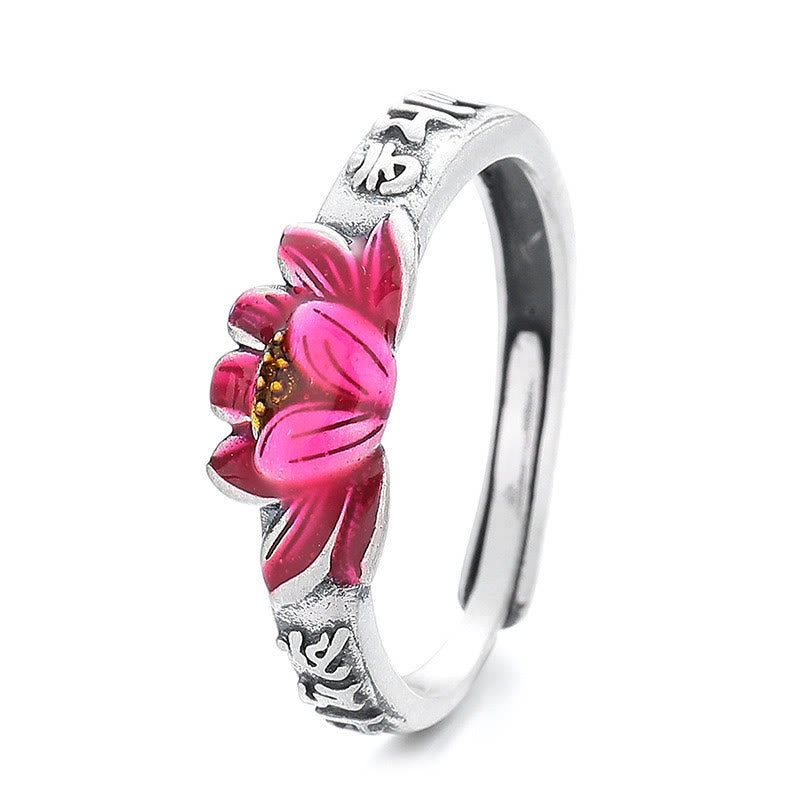 Buddha Stones 925 Sterling Silver Om Mani Padme Hum Lotus Relief Peace Ring - Red Lotus(Adjustable) - image 8