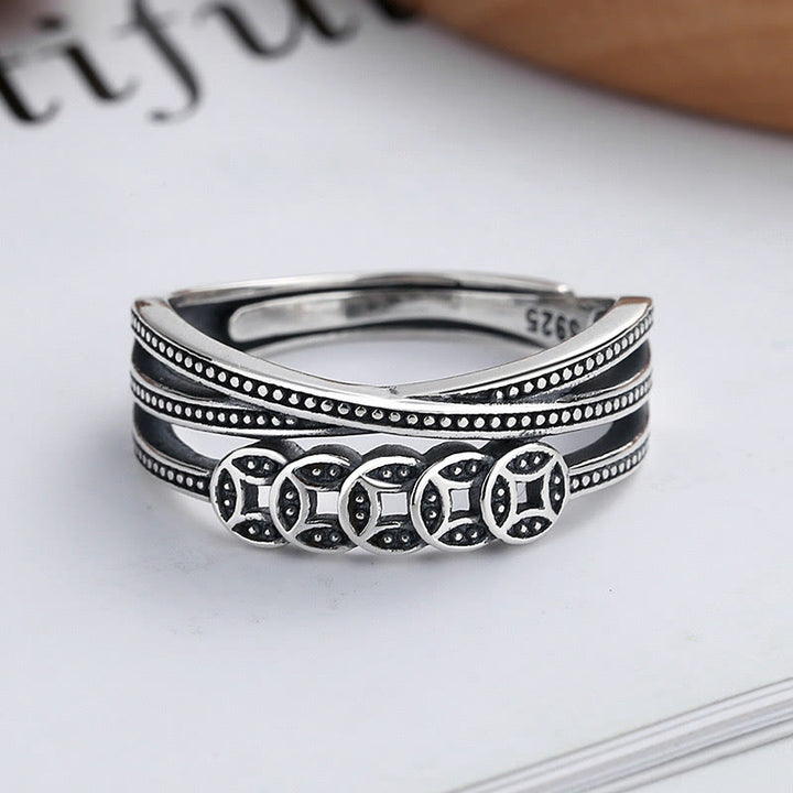 Buddha Stones 925 Sterling Silver Copper Coins Wealth Blessing Adjustable Ring - 925 Sterling Silver(Adjustable) - image 0