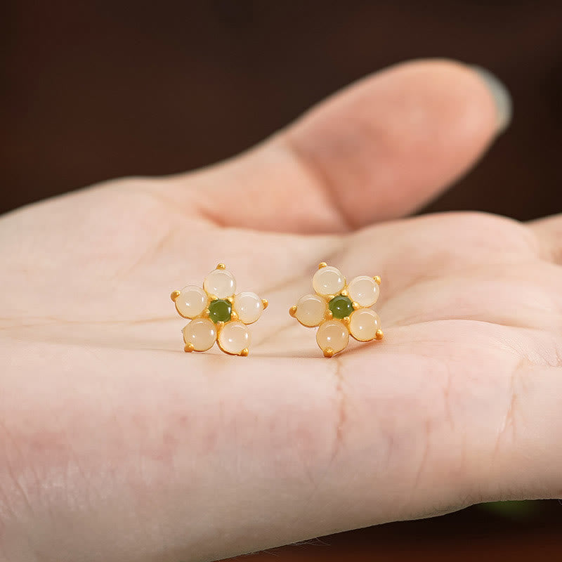 Buddha Stones 925 Sterling Silver Hetian Jade Luck Flower Stud Earrings - image 4